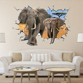 Sticker murale effet 3D Trompe l'œil Afrique deux éléphantes 100 x 70 cm