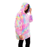 Cape polaire enfant multicolore avec capuche et manches licorne fluo