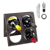 Porte-bouteilles de vin en simili cuir 4 places avec accessoires ouvre-bouteille