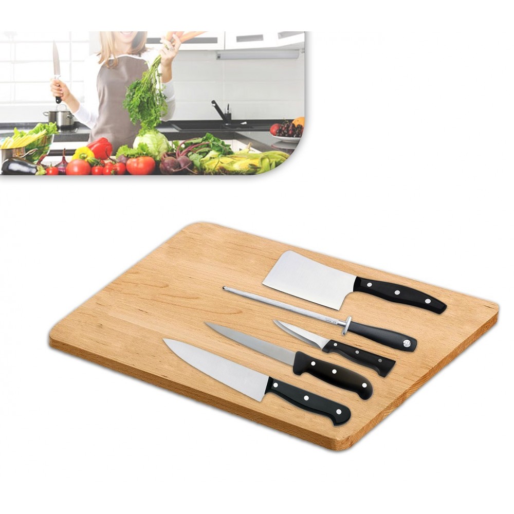 Set de 6 couteaux de cuisine inox à lame d'acier et planche á découper en bois 30 x 20 cm 593729