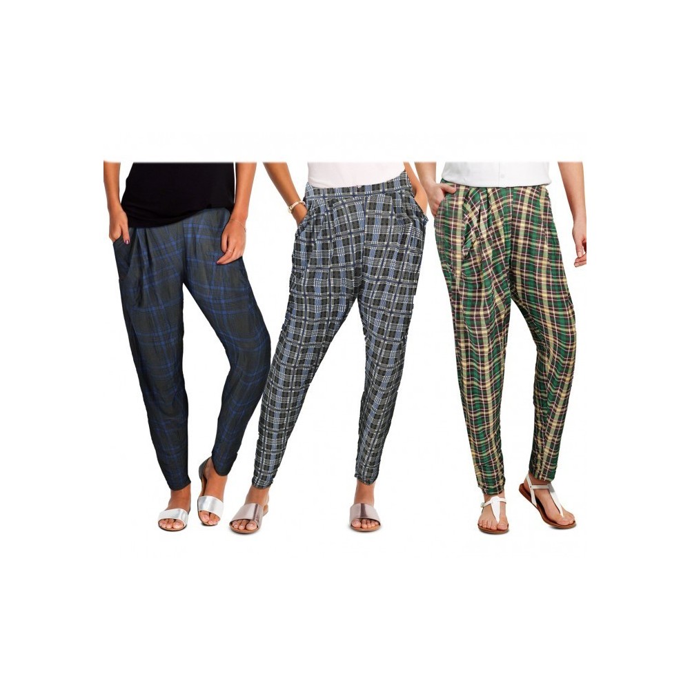 TG08-13 Pack de 3 pantalons sarouel pour femmes ass. STYLE carcan à carreaux