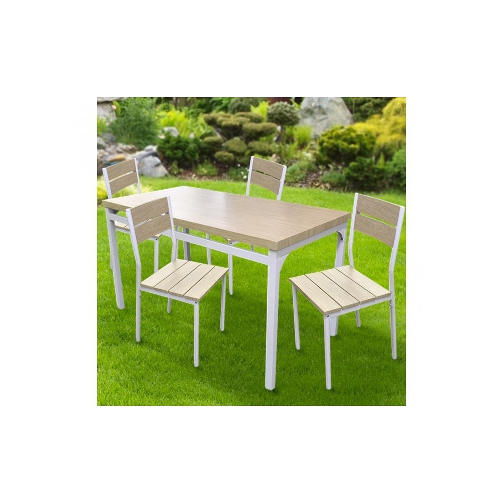 433843 Table de jardin AH avec 4 chaises en métal et bois clair 110x70x75 cm