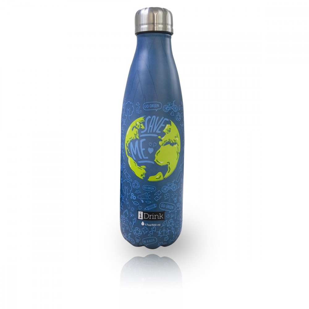 Bouteille MONDE acier double paroi ID0033 réutilisable 500ml bleu sans BPA