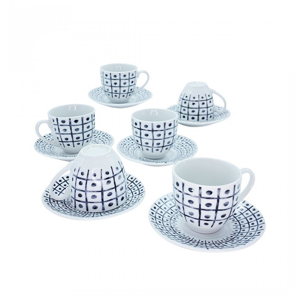 Set de 6 tasses à café, avec soucoupe mod. TRIS 270044 en porcelaine blanche