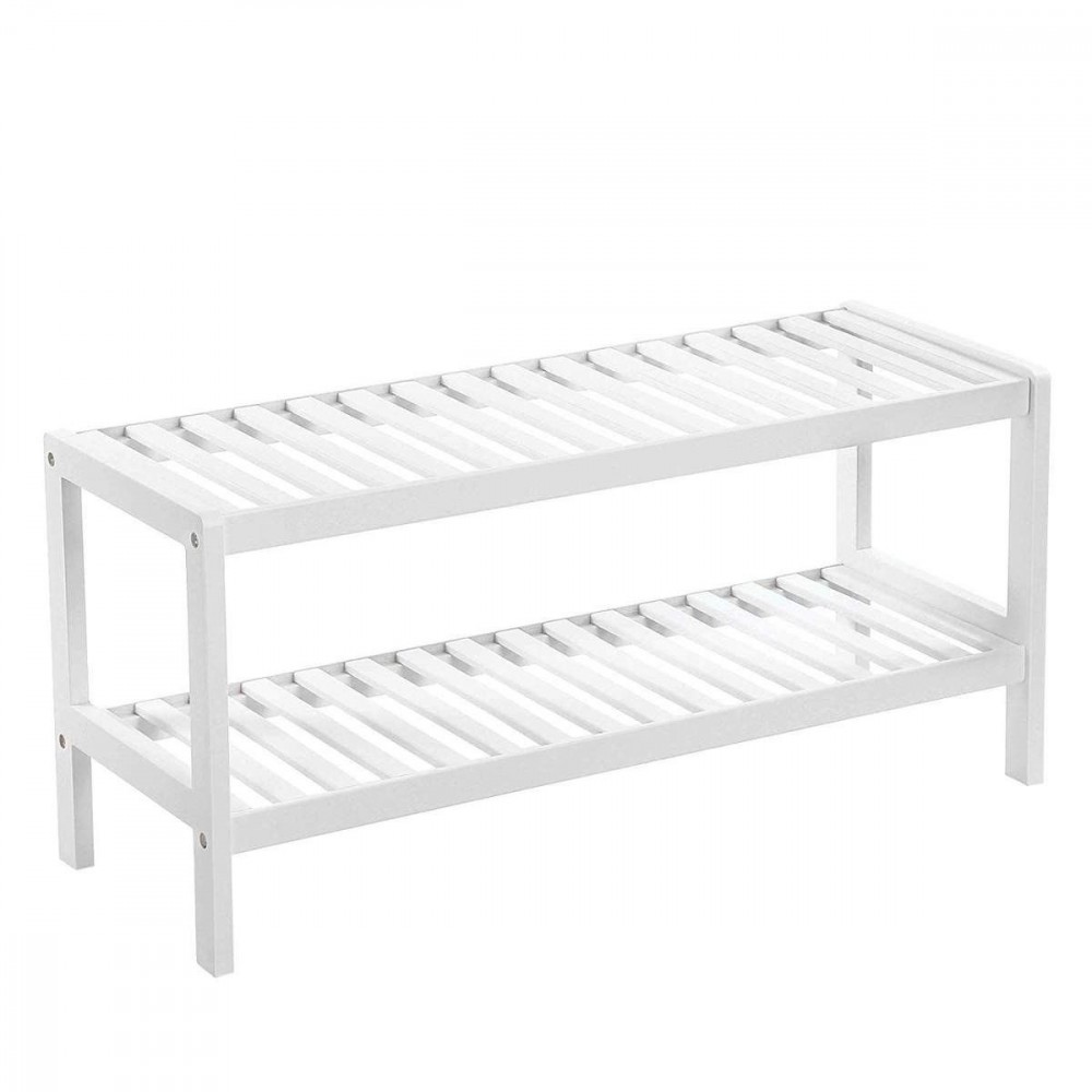 Chaussure polyvalente Bois Blanc 2 Étagères Banc Porte-objets Blanc 33x70x26cm