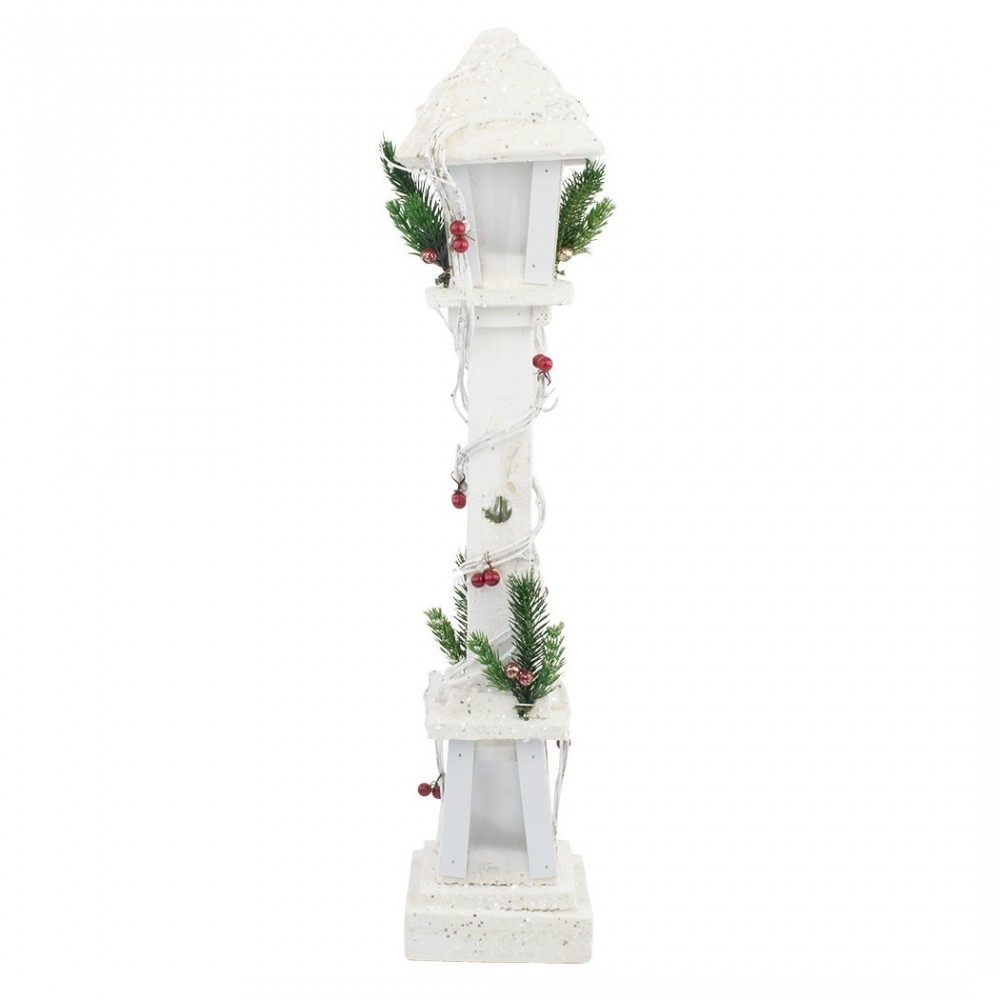 662430 Lanterne de Noël en bois décor blanc 61 cm avec lumière LED chaude