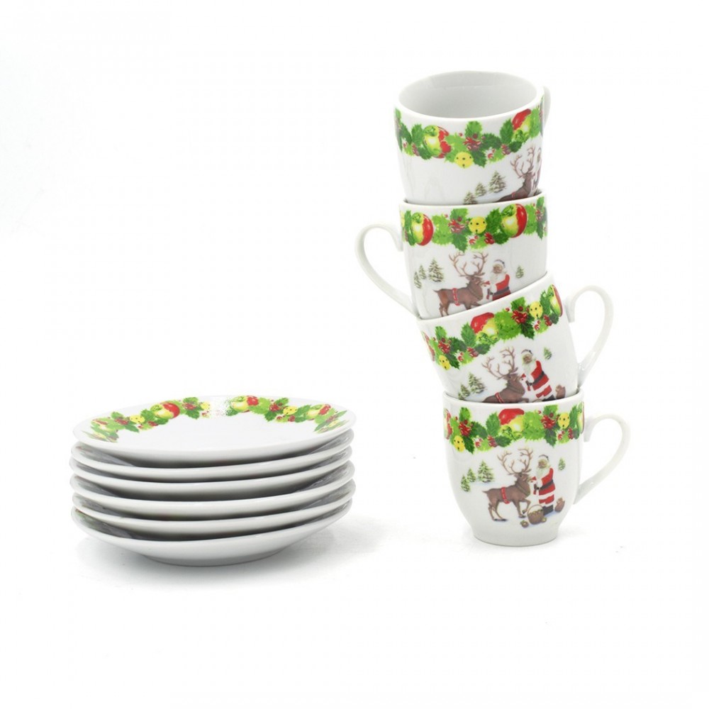 Lot de 6 tasses à café et soucoupes en céramique avec le Père Noël et le renne