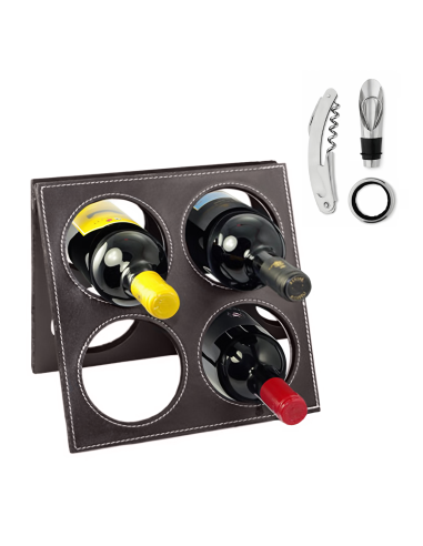 Porte-bouteilles de vin en simili cuir 4 places avec accessoires ouvre-bouteille