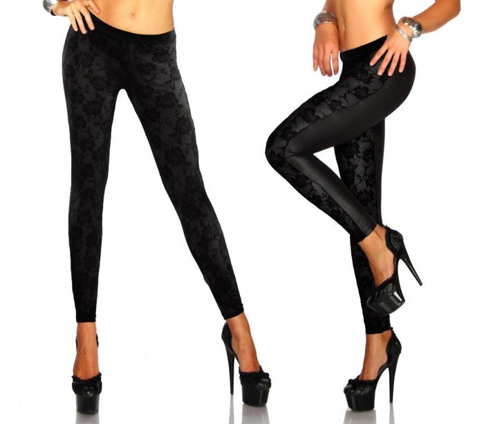 J-0213 Leggings femmes, effet cuir avec avant en dentelle élastique 