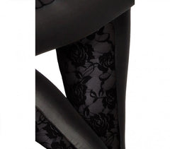 J-0213 Leggings femmes, effet cuir avec avant en dentelle élastique 