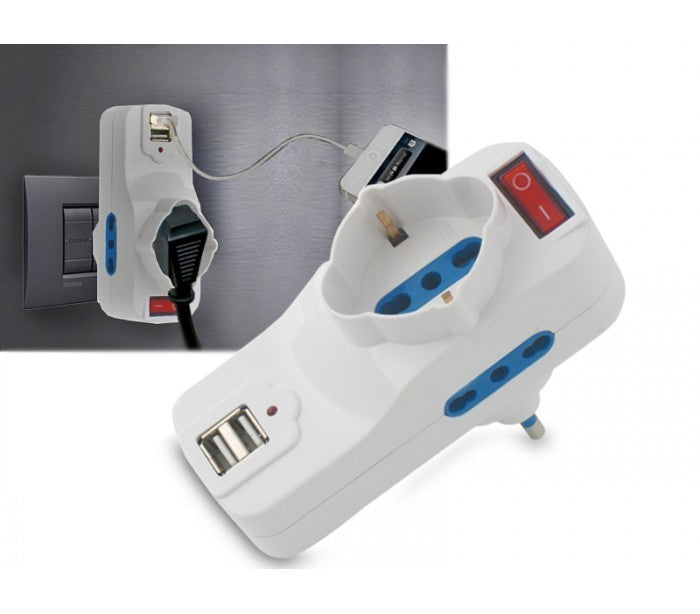 Adaptateur multiprise 1500W max 16 A avec 2 USB 1A - 1 monophasé 