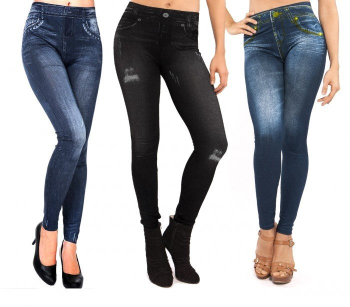F327 Set de 3 leggings thermiques effet Denim mod. Alanis avec doublure peluche