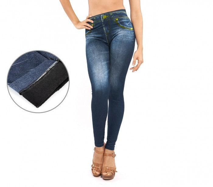 F327 Set de 3 leggings thermiques effet Denim mod. Alanis avec doublure peluche