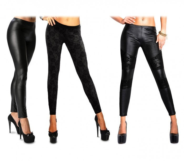 Set de 3 leggings femme ass.NAJA eff. cuir avec élastique empiècements dentelle