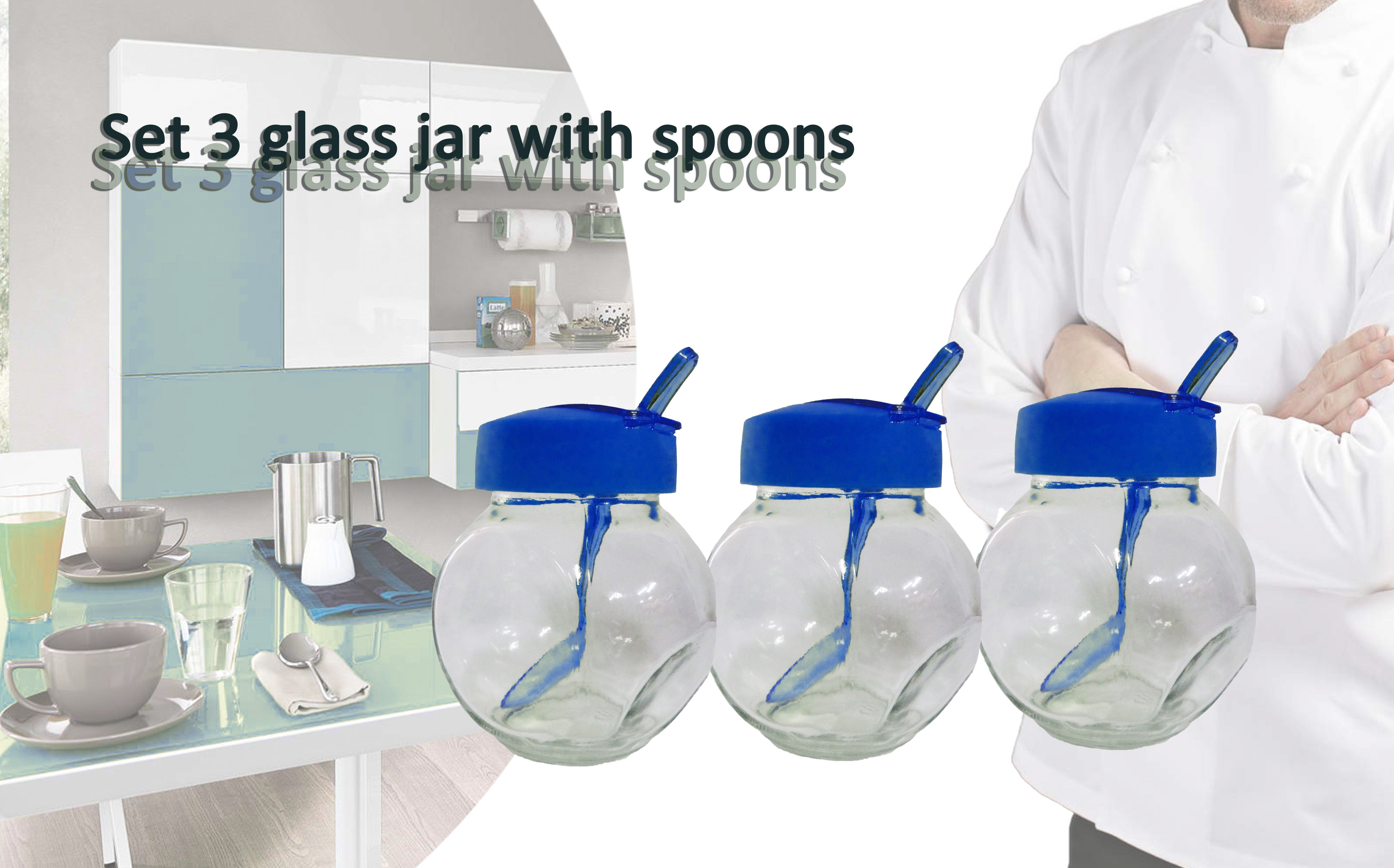 Set 3 récipients/ boite alimentaire en verre 6x8x9cm avec couvercle et cuillère