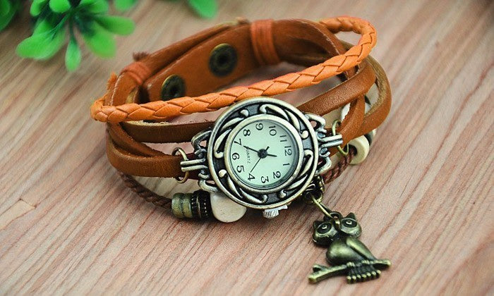 Montre analogique- bracelet en cuir - hibou