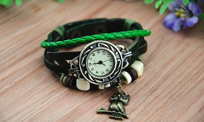 Montre analogique- bracelet en cuir - hibou