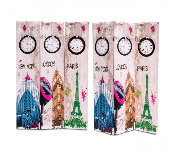 Paravent 05978 modèle Horloges en toile sur bois 120 x 180 cm trois panneaux