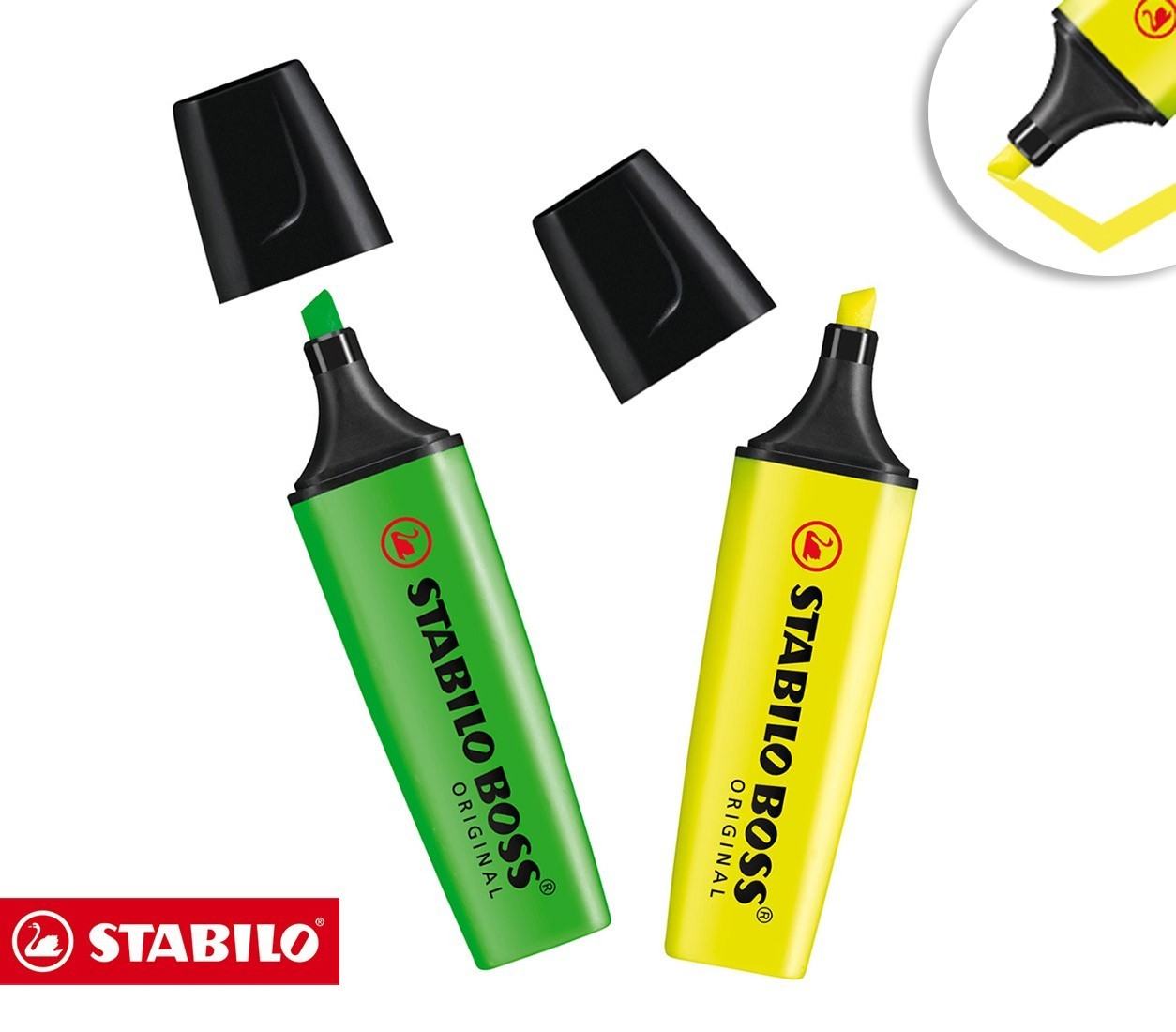 B-10428 Lot de 2 surligneurs Boss Stabilo trait de 2 à 5 mm jaune et vert