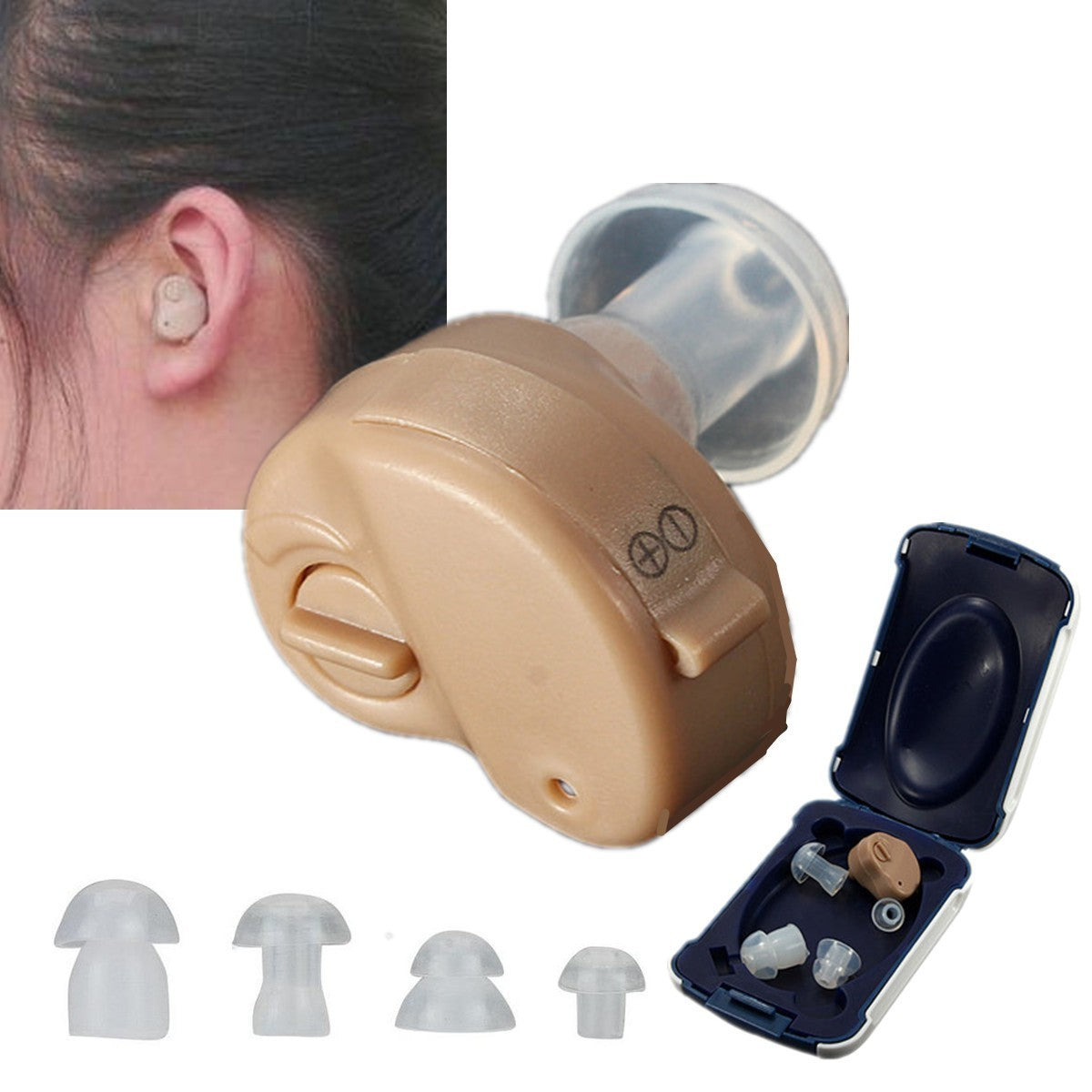 Mini prothèse auditive amplificateur 40 db à piles avec 3 bouchons en silicone 