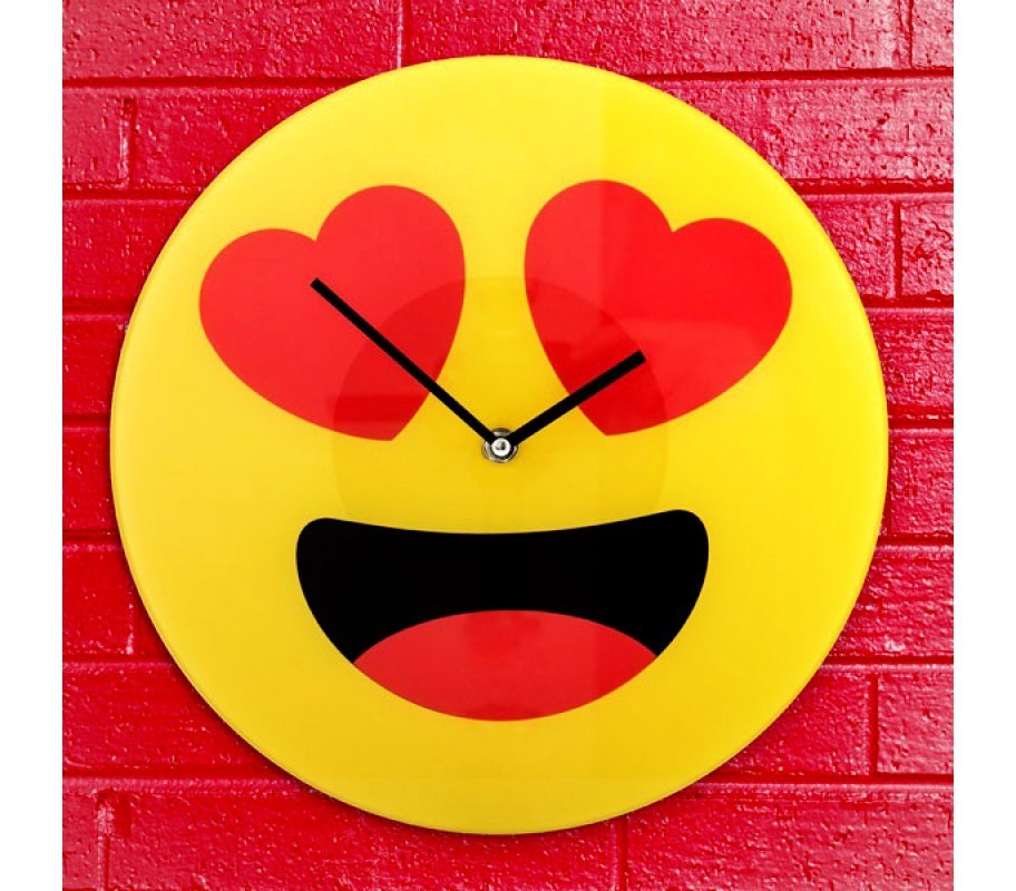 79/3232 Horloge murale en verre émoticône avec les yeux en cœurs 30 cm ø