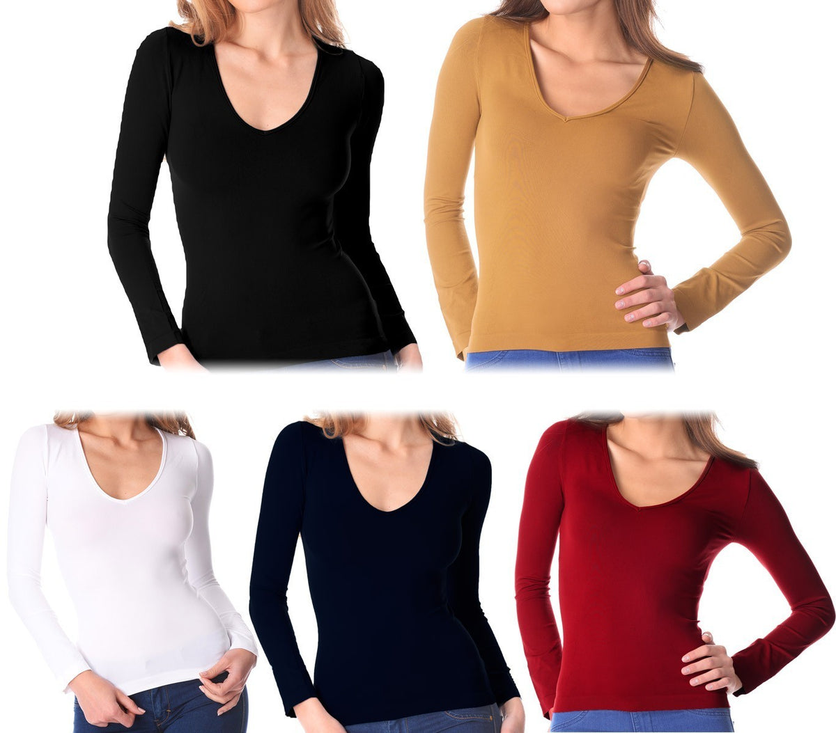 VKA25 Pack de 5 sous-pulls Luna manches longues col V pour femme effet thermique
