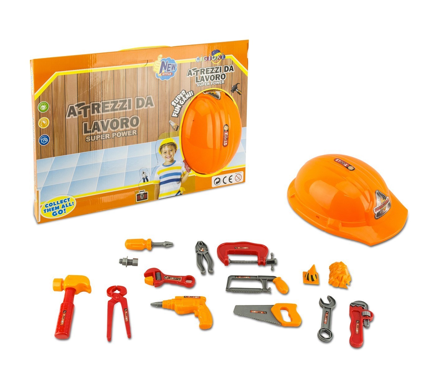 122241 Jeu d'imitation bricoleur CIGIOKI avec casque chantier et 14 accessoires