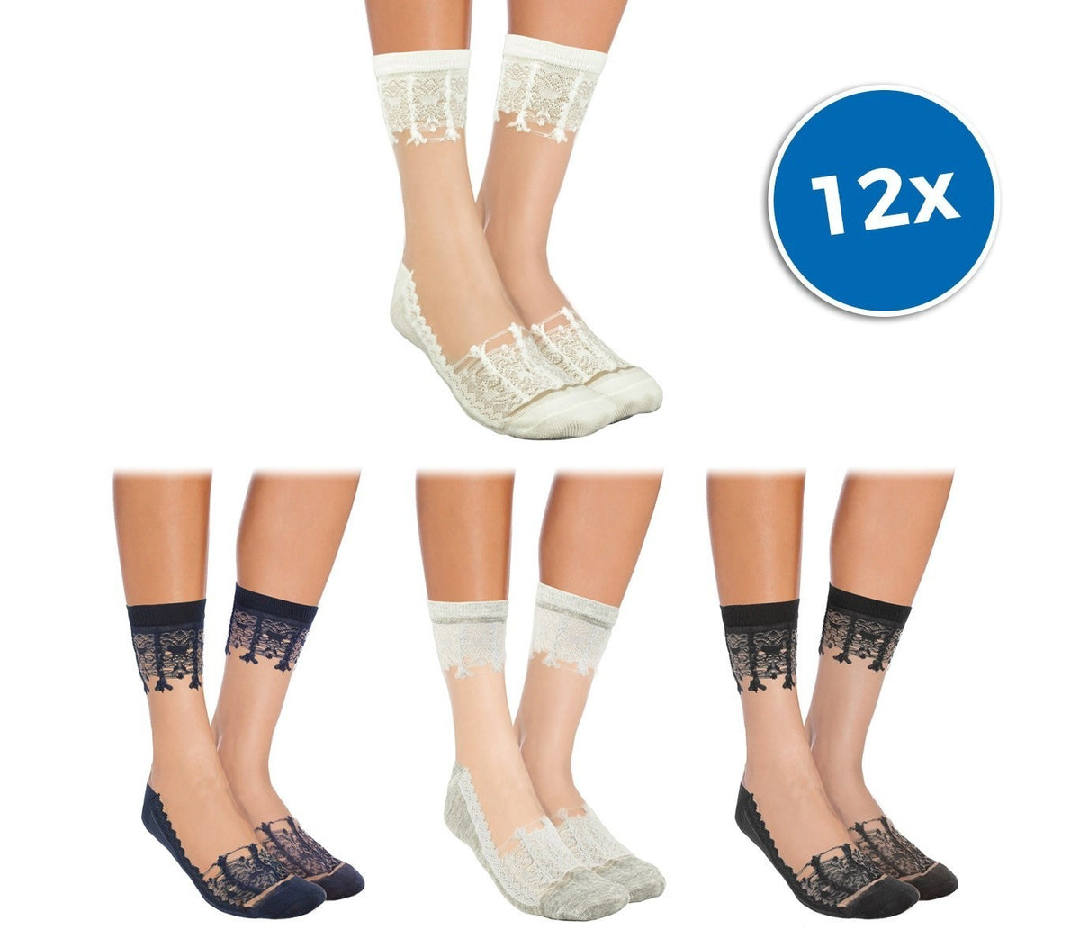 W-8008 Lot de 12 paires de chaussettes pour femme LADIES fantaisie dentelle