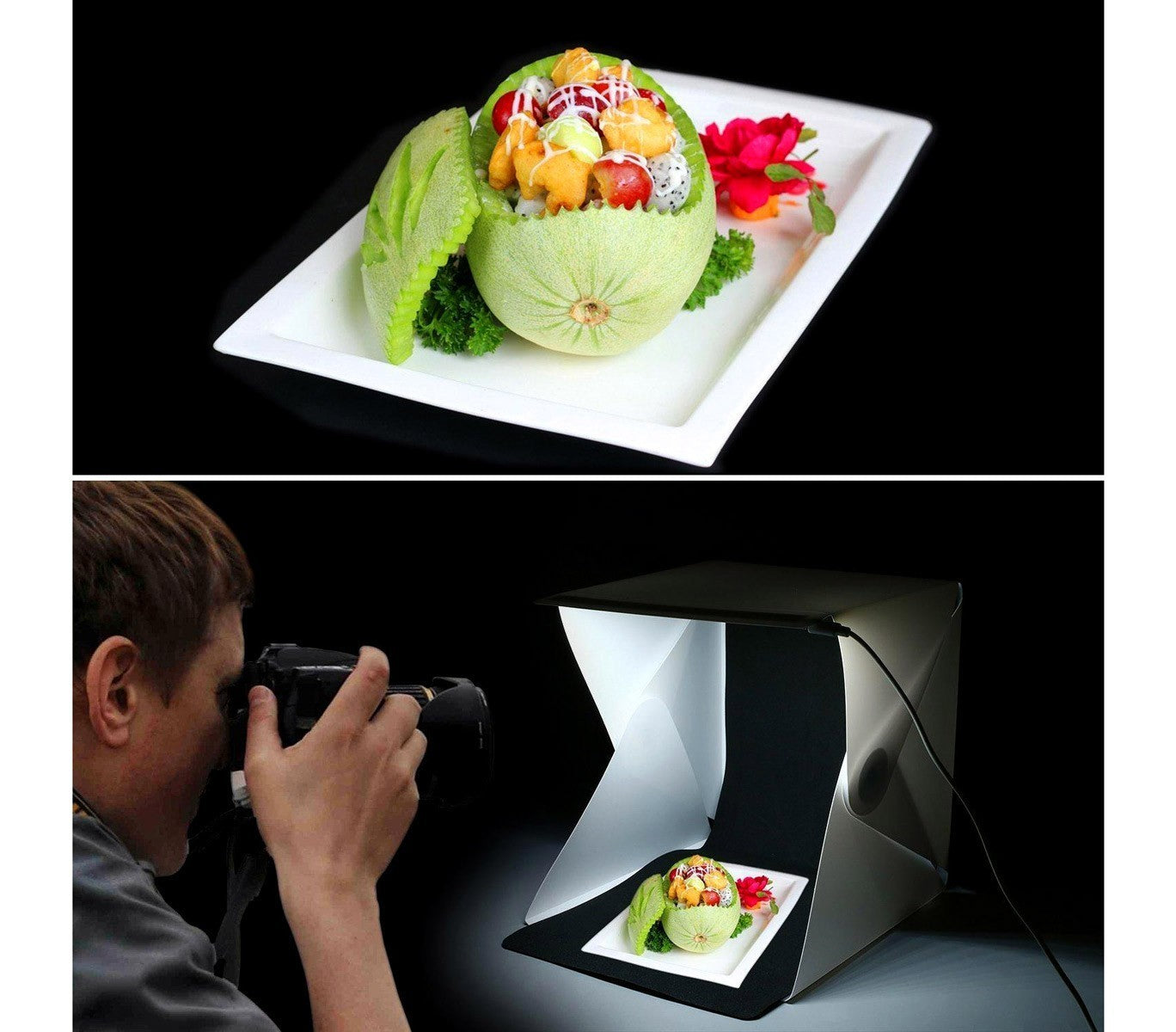4498 Mini studio photo 22x24x24 cm avec lumière led arrière-plan blanc et noir