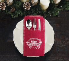 567193 Poche porte-couverts Noël MERRY CHRISTMAS toile de jute rouge