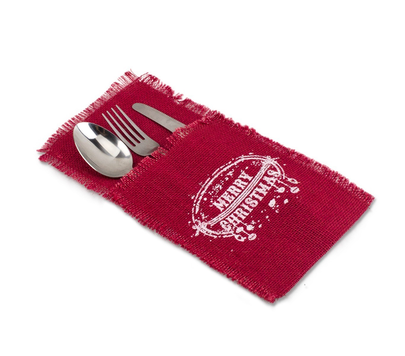 567193 Poche porte-couverts Noël MERRY CHRISTMAS toile de jute rouge