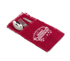 567193 Poche porte-couverts Noël MERRY CHRISTMAS toile de jute rouge