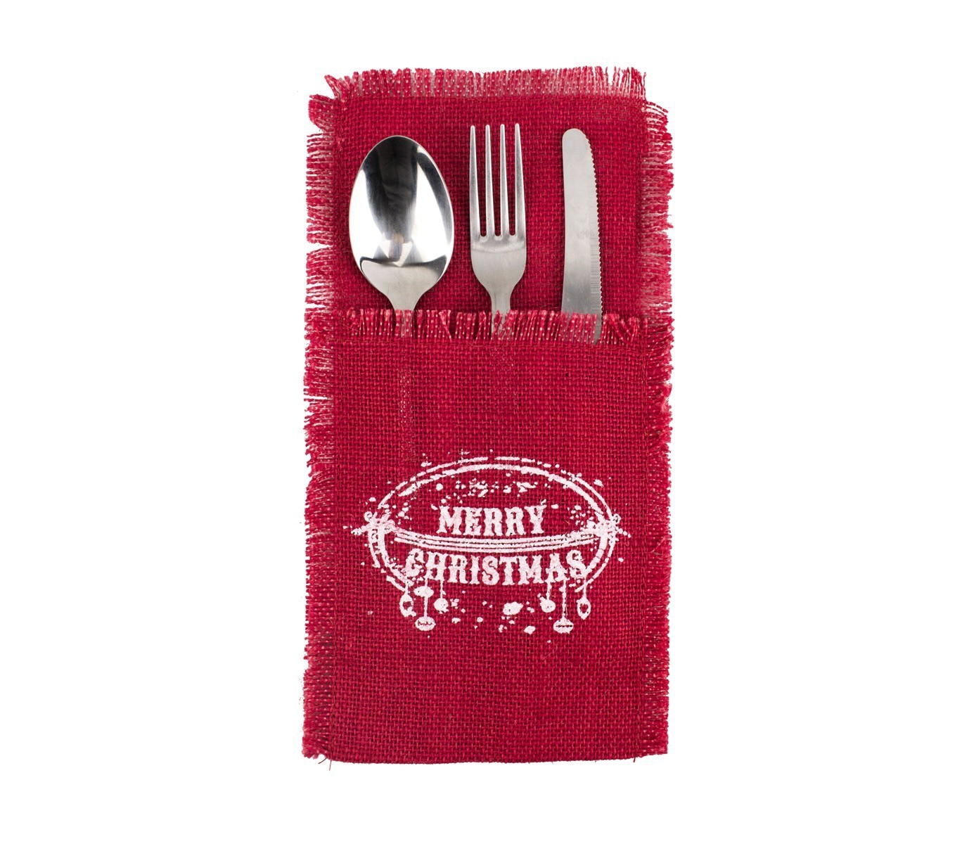 567193 Poche porte-couverts Noël MERRY CHRISTMAS toile de jute rouge