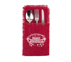 567193 Poche porte-couverts Noël MERRY CHRISTMAS toile de jute rouge