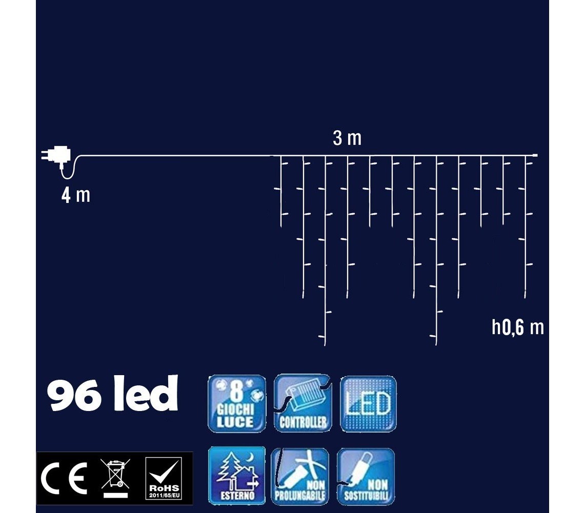 561283 Rideau lumineux d'extérieur de Noël 96 led 3 mt x 0.6 cm lumière froide 