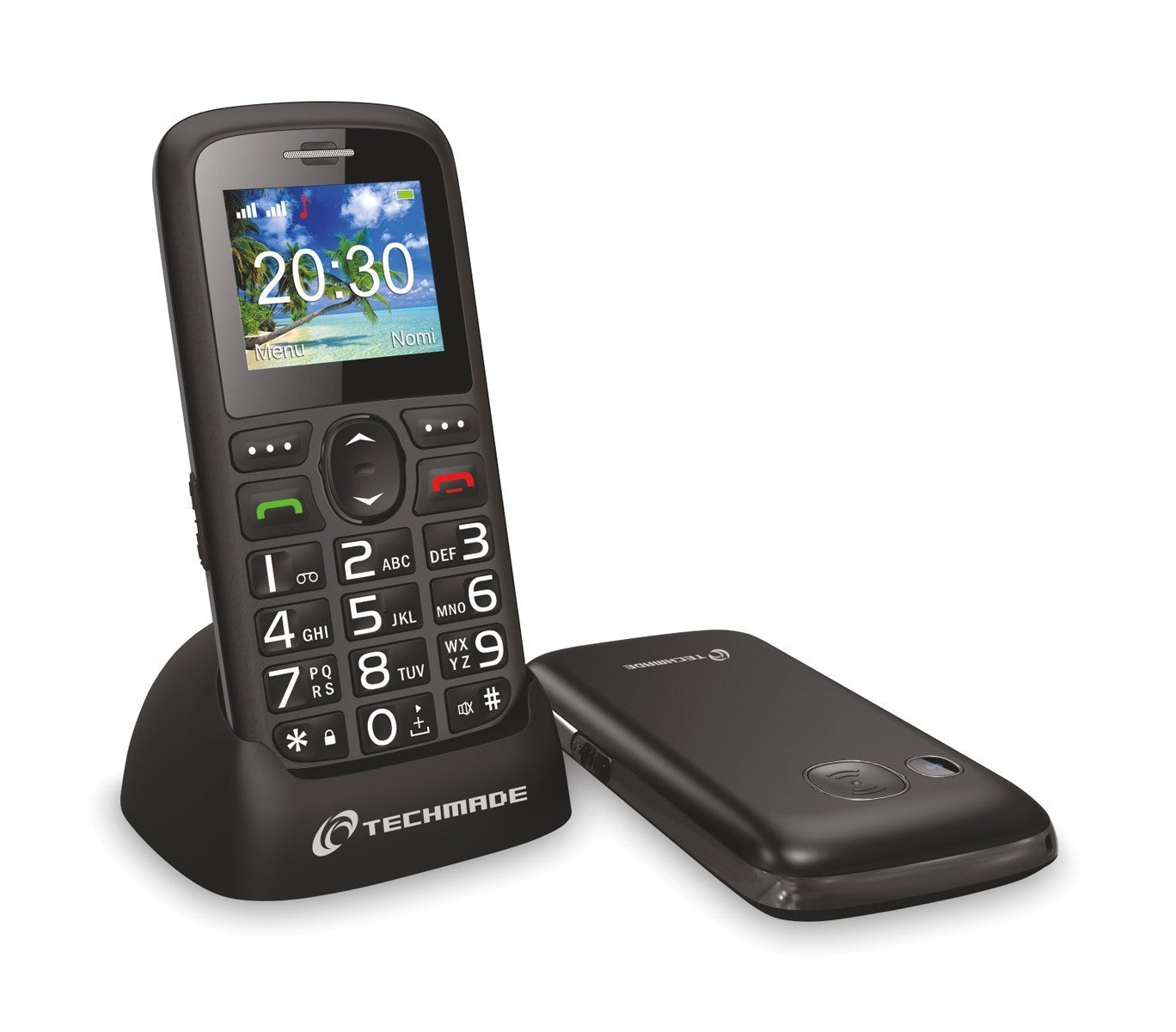 TM-C08BK Téléphone portable pour personnes âgées Techmade bouton SOS avec base