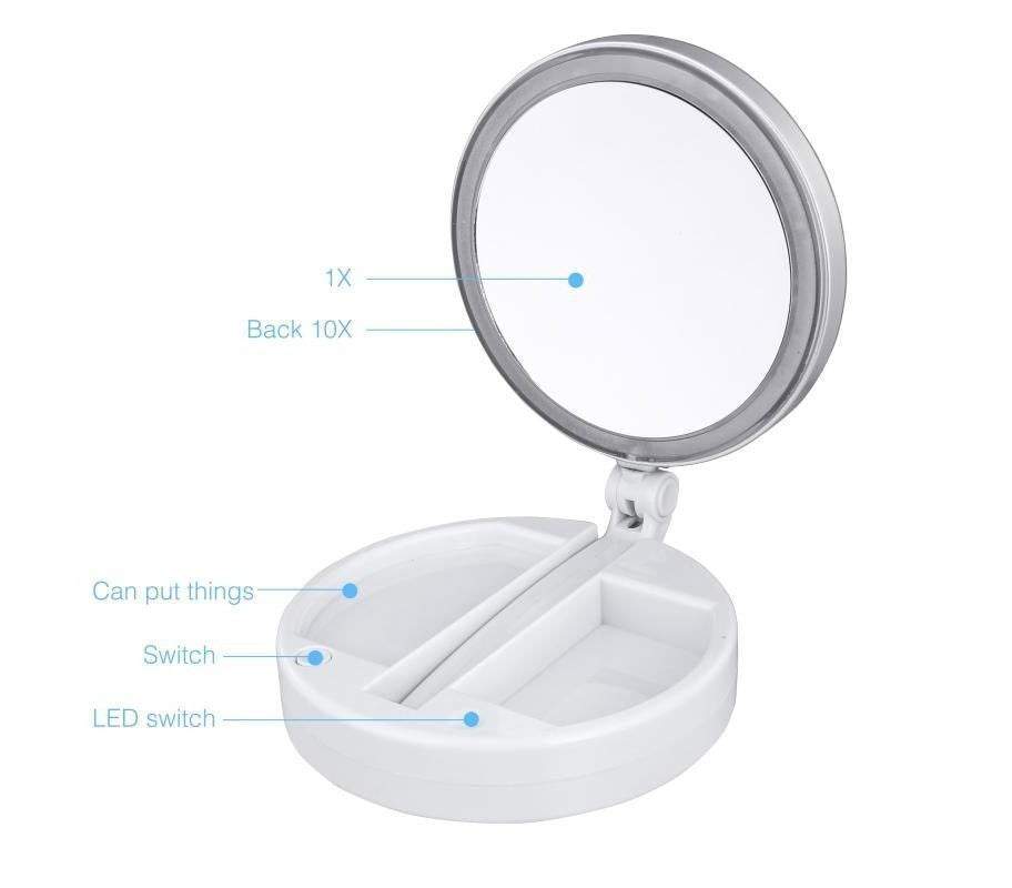 134006 Miroir 2 faces normal 1X et grossissant 10X lumineux LED et pliable