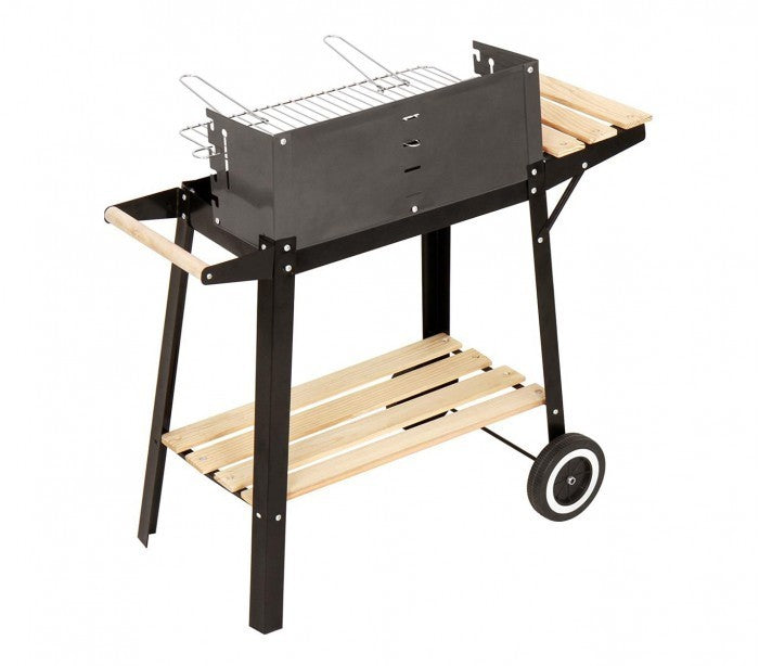 429754 Barbecue à charbon en acier et bois et roues à transporter 58x33x68cm
