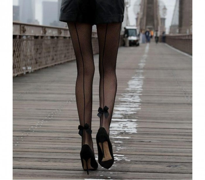  Collants micro-résille noir élastiques taille haute DUPU mod F1002 noeud liseré