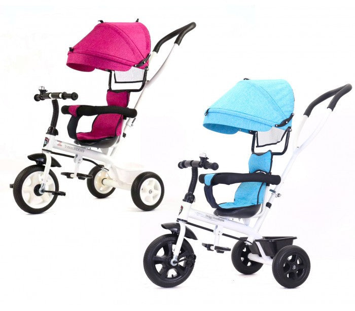 B37312 HANDY GO Tricycle à pousser avec pédales, protections et capote Rose/Bleu