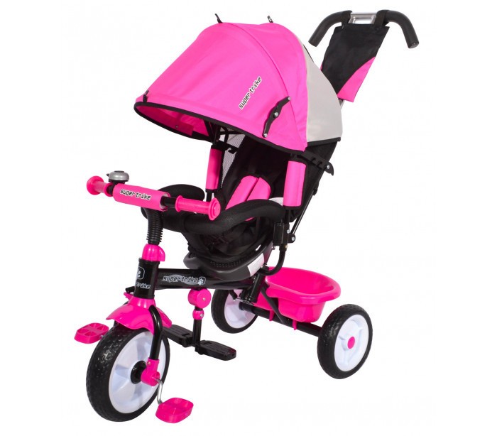 T60141 SPRINT Tricycle à pousser avec pédales, porte-objets et capote Rose/Bleu