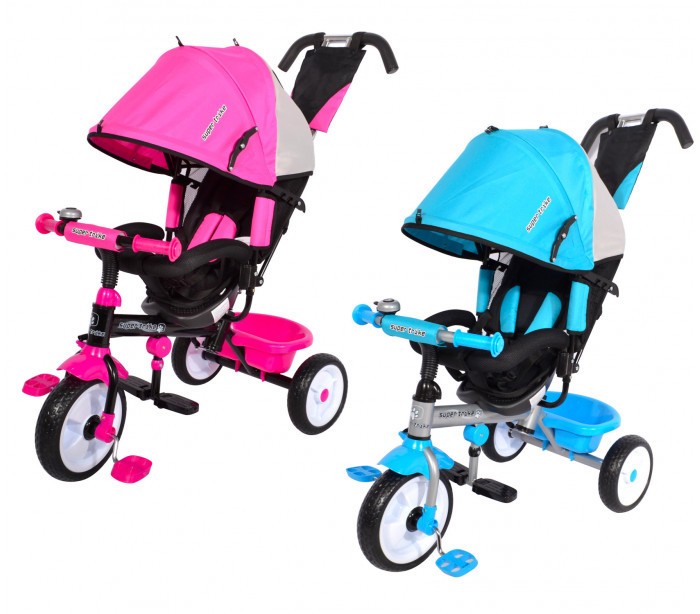 T60141 SPRINT Tricycle à pousser avec pédales, porte-objets et capote Rose/Bleu