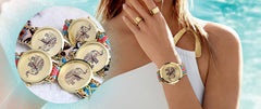 Montre ethnique/ dessin éléphant / Face et bords dorés MOD SUMMER