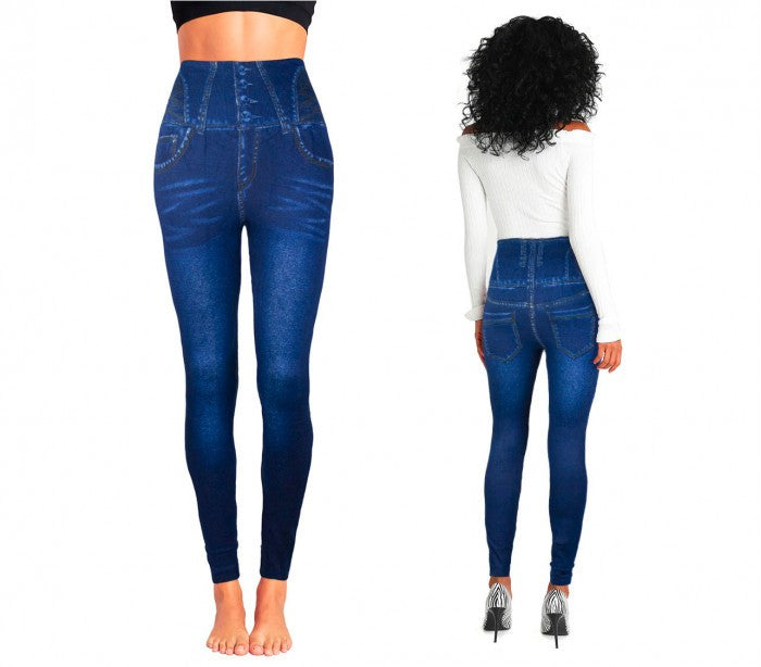 F327 Legging thermique effet denim mod. Hera avec intérieur polaire bleu