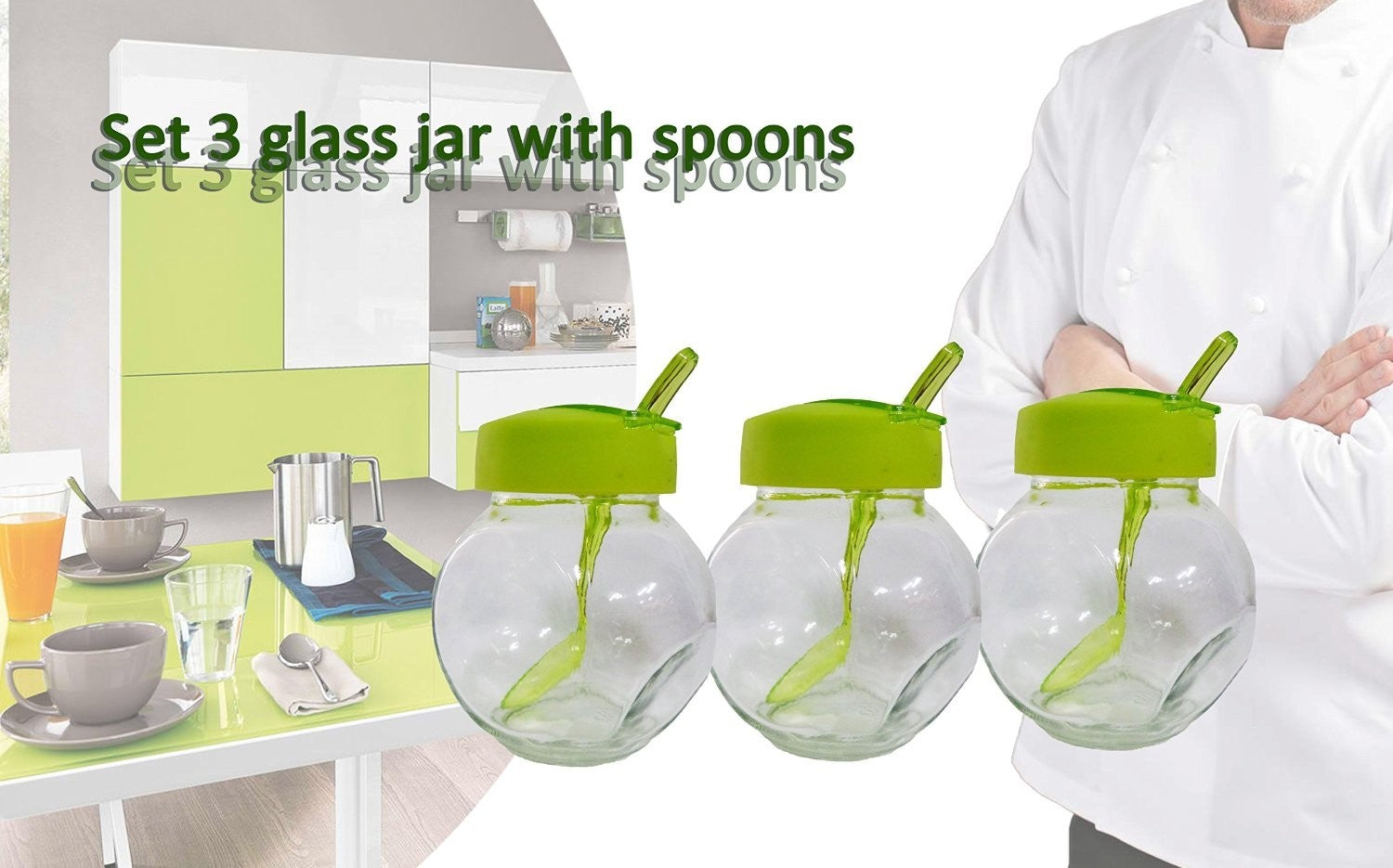 Set 3 récipients/ boite alimentaire en verre 6x8x9cm avec couvercle et cuillère