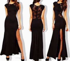 Robe longue ajusté avec dentelle dans le dos et ouverture jambe droite - noire
