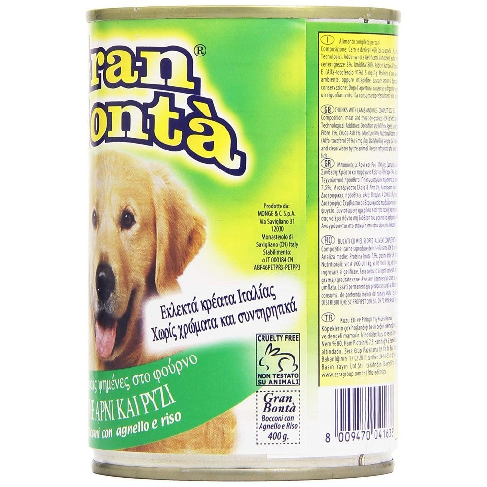 GRAN BONTA viande pour chiens d'agneau et de riz 400g en pot avec vitamines