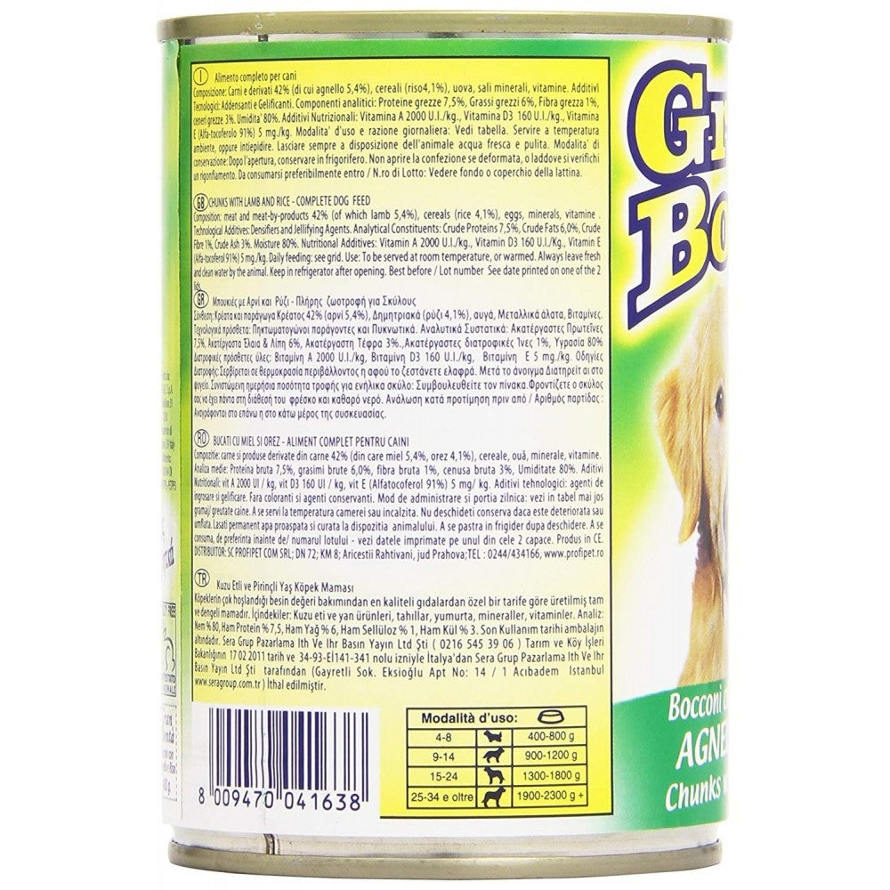 Pack 12 boîtes de conserve GRAN BONTA' d'agneau et riz pour chien 1230g