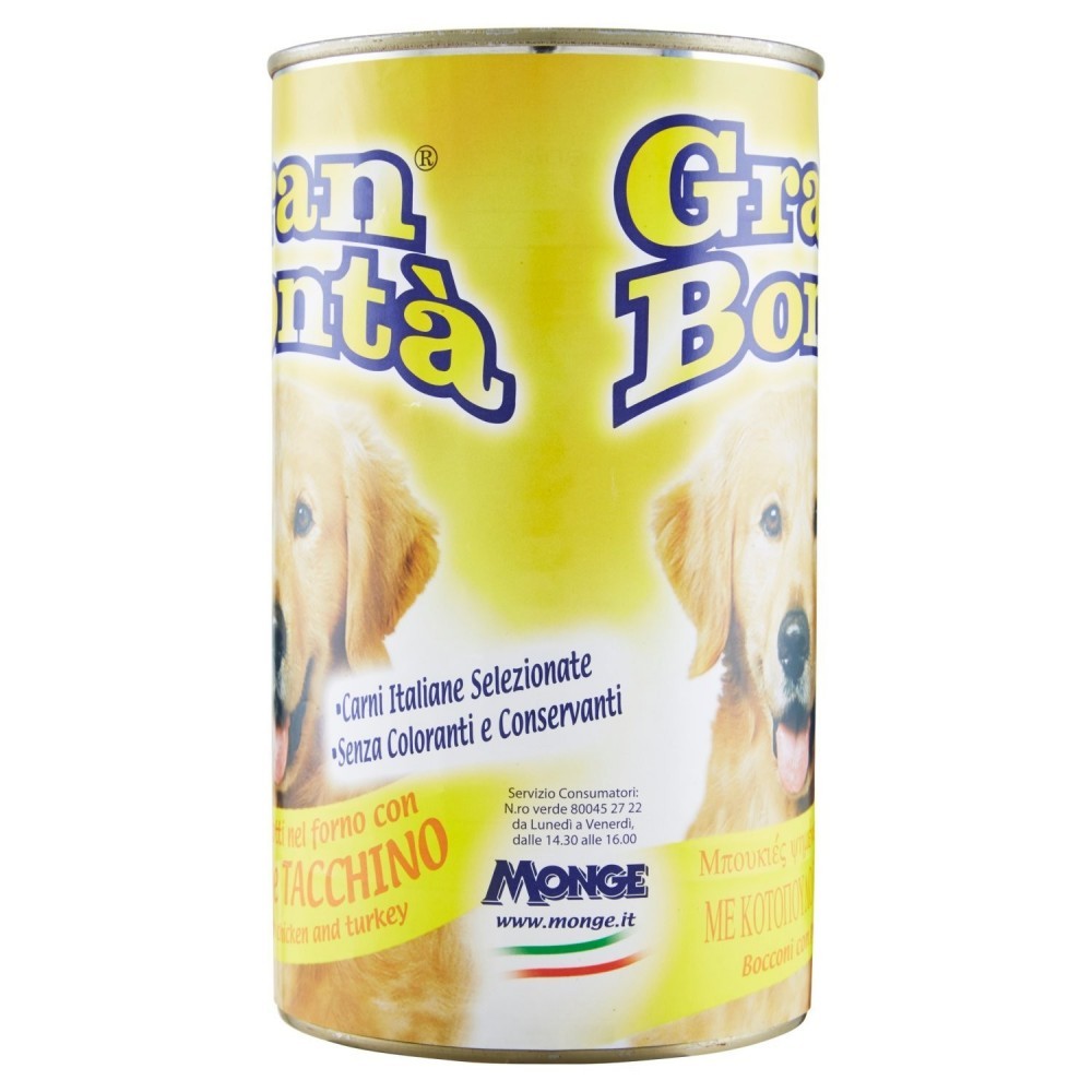 Pack 24x boîtes de viande de poulet et dinde GRAN BONTA' pour chien 400g