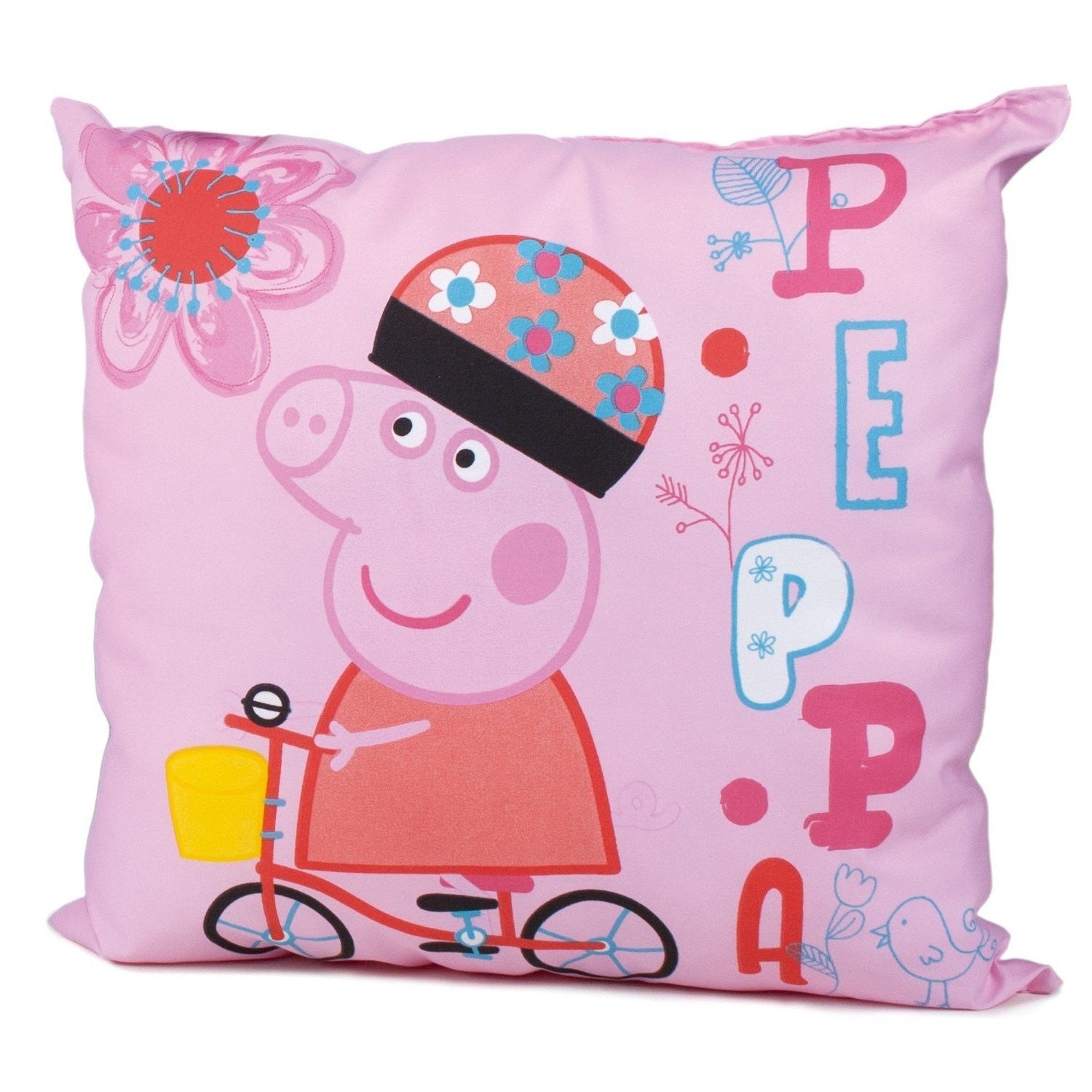 Coussin PEPPA PIG (42x42cm) microfibre rose et motif velo - chambre enfant